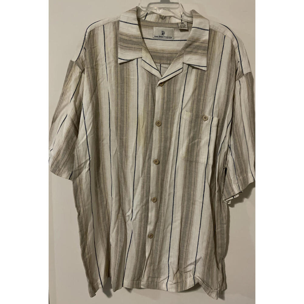 Pierre Garcia Collection Mens 4xl Button Down Beige Striped Linen Shirt A5160